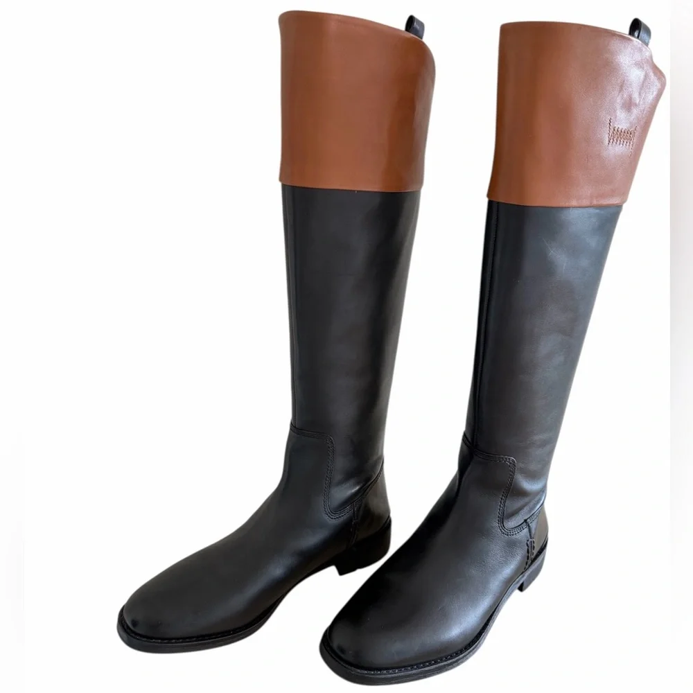 Franco Sarto Meyer Knee High Black Brown Tall Leather Riding Boots Size 10 NWOB